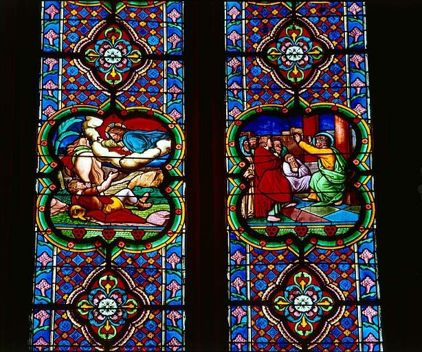 Détail de la baie 2 : La Vocation de saint Paul et saint Paul prêchant. © Jérôme Mongreville / Région Bourgogne-Franche-Comté, Inventaire du patrimoine - 1997 Détail de la baie 2 : La Vocation de saint Paul et saint Paul prêchant. © Jérôme Mongreville / Région Bourgogne-Franche-Comté, Inventaire du patrimoine - 1997