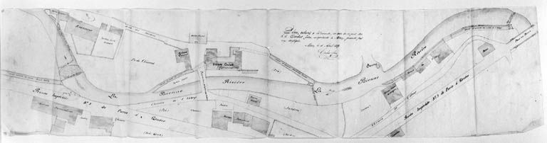 Plan relatif à la demande en date de ce jour des s.s. Cochet frères [... usines du haut de Morez : rues Gagneur, Zola et de la République], 1859. © Jérôme Mongreville, Lamairesse / Région Bourgogne-Franche-Comté, Inventaire du patrimoine - 1999
