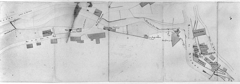 Règlement de l'usine Gruet Faustin. Plan [usines du bas de Morez : rues Voltaire, des Essards et des Forges], 1859. © Jérôme Mongreville, Lamairesse / Région Bourgogne-Franche-Comté, Inventaire du patrimoine - 1999