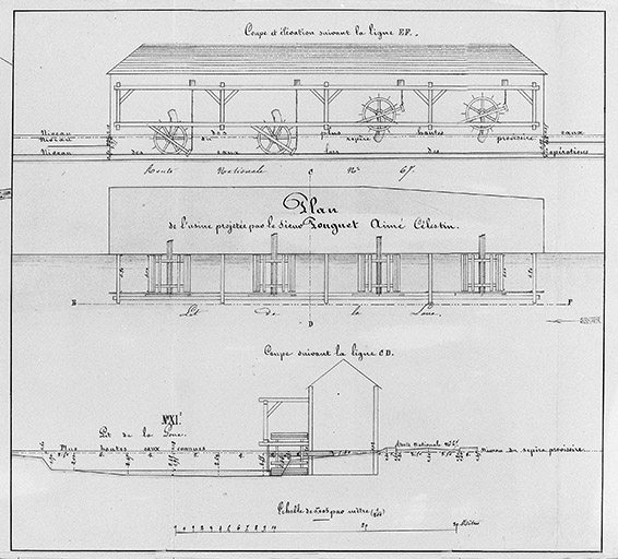 Règlement d'eau de l'usine projetée sur la rive droite de la Loue à l'amont du pont Sainte-Marie, par le sieur Pouguet Aimé Célestin [...]. Plan, coupe et élévation du moulin, 1852. © Jérôme Mongreville / Région Bourgogne-Franche-Comté, Inventaire du patrimoine - 2001