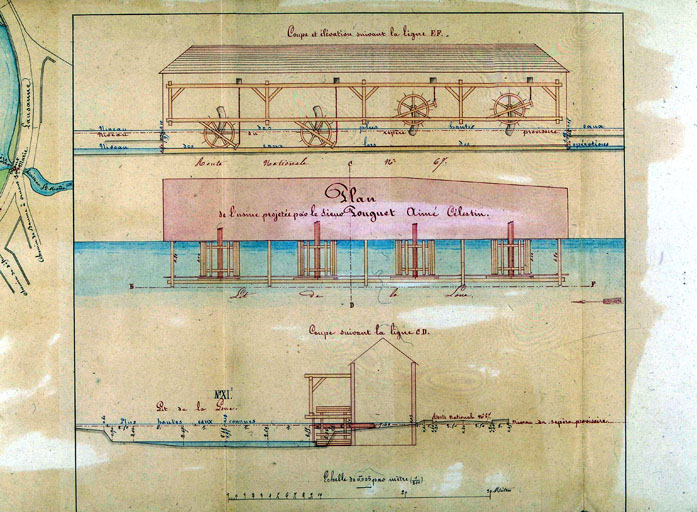 Règlement d'eau de l'usine projetée sur la rive droite de la Loue à l'amont du pont Sainte-Marie, par le sieur Pouguet Aimé Célestin [...]. Plan, coupe et élévation du moulin, 1852. © Jérôme Mongreville / Région Bourgogne-Franche-Comté, Inventaire du patrimoine - 2001