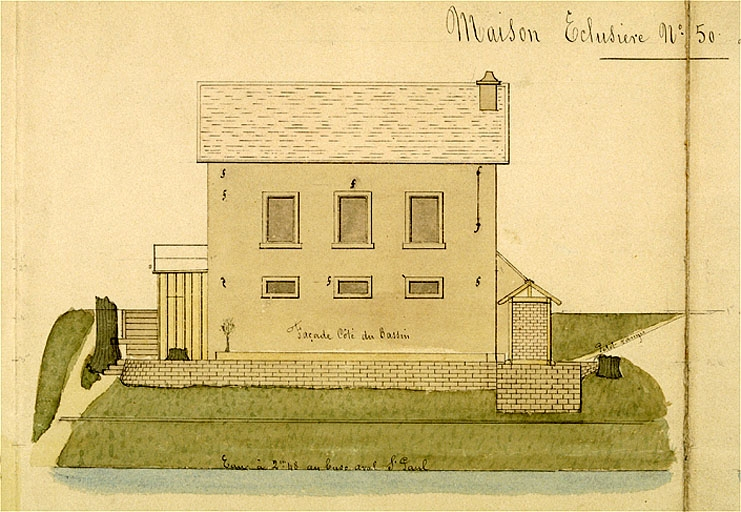 Maison éclusière n° 50 à St Paul - 1880 [détail : ] Façade côté du bassin. © Jérôme Mongreville, Paul Schoendoerffer / Région Bourgogne-Franche-Comté, Inventaire du patrimoine - 2001