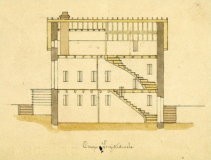 Maison éclusière n° 50 à St Paul - 1880 [détail : ] Coupe longitudinale. © Jérôme Mongreville, Paul Schoendoerffer / Région Bourgogne-Franche-Comté, Inventaire du patrimoine - 2001