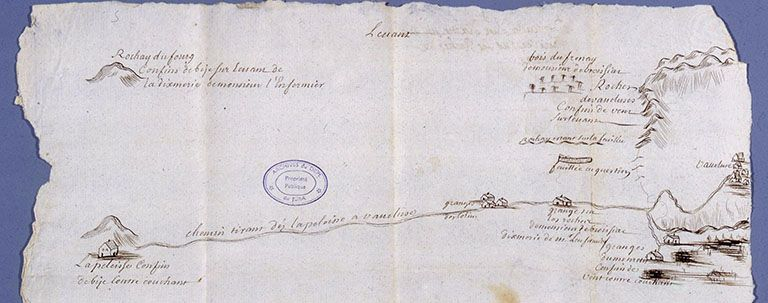 Dessin à l'encre dressé à l'occasion d'un litige entre l'infirmier et l'un de ses fermiers. XVIIIème siècle. © Yves Sancey / Région Bourgogne-Franche-Comté, Inventaire du patrimoine - 2001