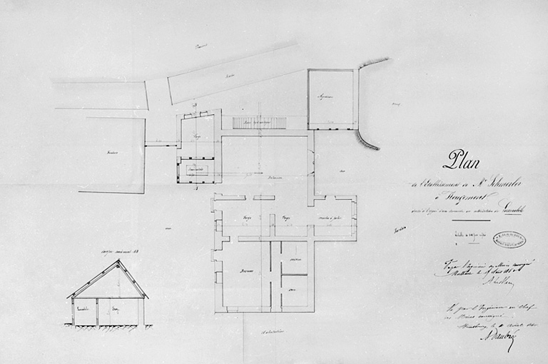 Plan de l'établissement de Mr Schmerber à Rougemont dressé à l'appui d'une demande en autorisation de locomobile. © Jérôme Mongreville / Région Bourgogne-Franche-Comté, Inventaire du patrimoine - 2001