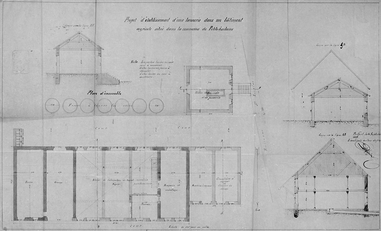Projet d'établissement d'une tannerie dans un bâtiment agricole situé dans la commune de Petite-fontaine [plan, coupes]. © Jérôme Mongreville / Région Bourgogne-Franche-Comté, Inventaire du patrimoine - 2001