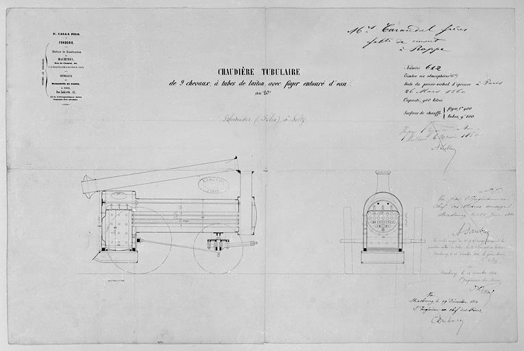 Chaudière tubulaire de 9 chevaux, à tubes de laiton, avec foyer entouré d'eau (F. Calla fils, Paris). © Jérôme Mongreville / Région Bourgogne-Franche-Comté, Inventaire du patrimoine - 2001