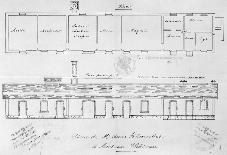 Usine de monsieur Oscar Schmerber à Montreux-Château [plan et élévation]. © Jérôme Mongreville / Région Bourgogne-Franche-Comté, Inventaire du patrimoine - 2001