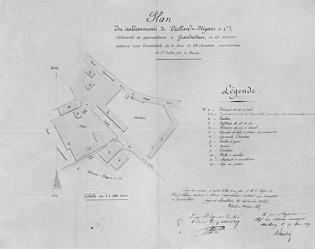 Plan des établissements de Viellard-Migeon et Cie, fabricants de quincaillerie à Grandvillars où ils désirent utiliser une locomobile de la force de 12 ch [...]. © Jérôme Mongreville / Région Bourgogne-Franche-Comté, Inventaire du patrimoine - 2001