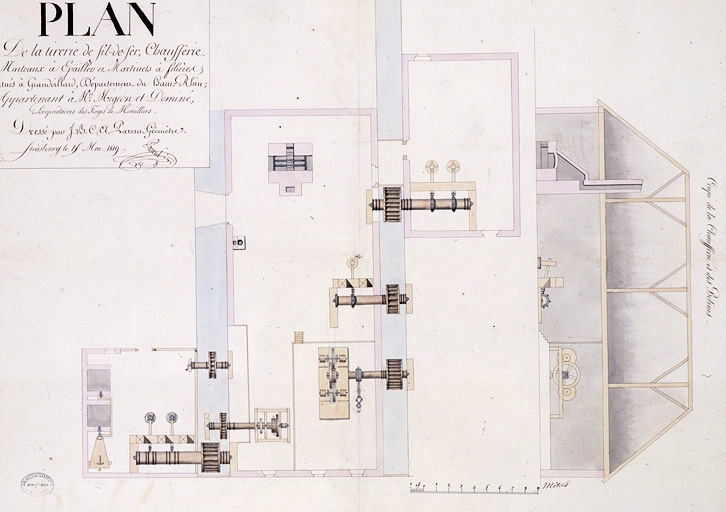 Plan de la tirerie de fil-de-fer, chaufferie, marteaux à épailler et martinets à filières [...] [coupe longitudinale et plan au sol]. © Jérôme Mongreville / Région Bourgogne-Franche-Comté, Inventaire du patrimoine - 2001