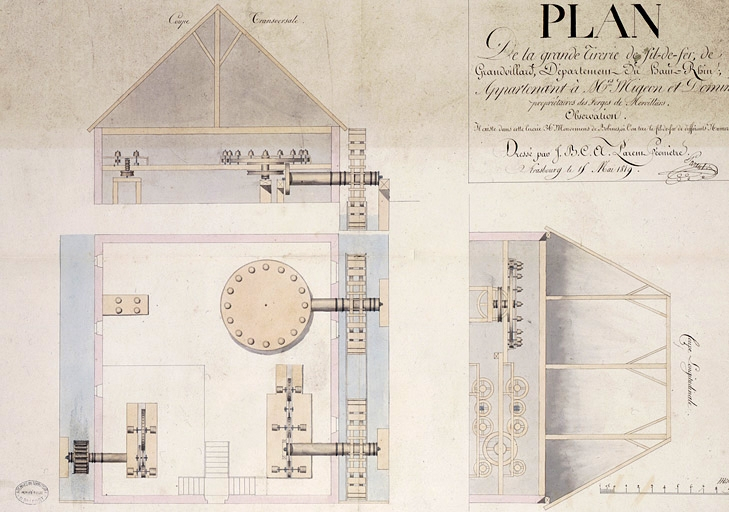 Plan de la grande tirerie de fil-de-fer de Grandvillard [...] [coupe longitudinale, coupe transversale et plan au sol]. © Jérôme Mongreville / Région Bourgogne-Franche-Comté, Inventaire du patrimoine - 2001