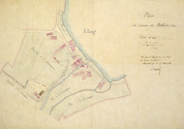 Plan de l'usine de Belfort (Haut-Rhin) [plan-masse et de situation]. © Jérôme Mongreville / Région Bourgogne-Franche-Comté, Inventaire du patrimoine - 2001
