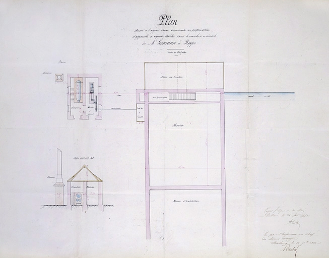 Plan dressé à l'appui d'une demande en autorisation d'appareils à vapeur établis dans le moulin à ciment de M. Lesmann à Roppe. © Jérôme Mongreville / Région Bourgogne-Franche-Comté, Inventaire du patrimoine - 2001