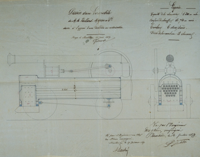 Dessin d'une locomobile de MM. Viellard-Migeon et Cie dressé à l'appui d'une demande en autorisation [coupes longitudinale et transversale]. © Jérôme Mongreville / Région Bourgogne-Franche-Comté, Inventaire du patrimoine - 2001