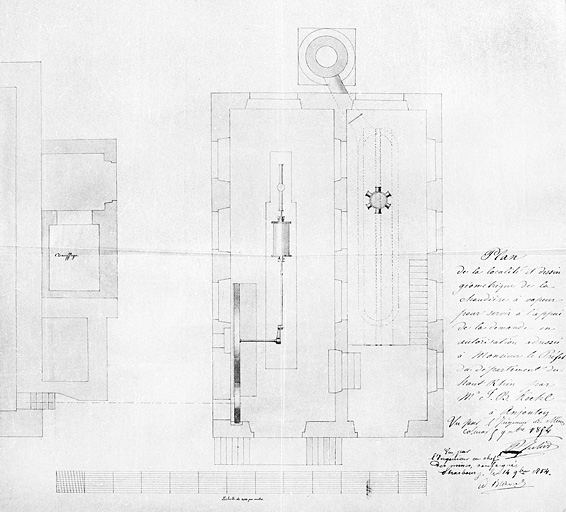 Plan de la localité et dessin géométrique de la chaudière à vapeur pour servir à l'appui de la demande en autorisation adressée à monsieur le préfet du département du Haut-Rhin par M. J. B. Koehl. © Jérôme Mongreville / Région Bourgogne-Franche-Comté, Inventaire du patrimoine - 2001
