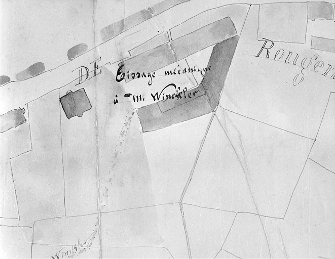 Demande de M. Winckler Joseph tendant à obtenir la réglementation de 2 barrages d'irrigation situés à Rougemont-le-Château, l'un lui appartenant et l'autre au sieur Victor Erhard. Plan des lieux. © Jérôme Mongreville / Région Bourgogne-Franche-Comté, Inventaire du patrimoine - 2001