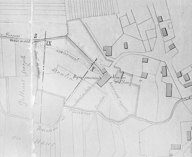 Plainte des Srs Gros et consorts [...] contre l'exhaussement de la retenue du moulin de Grosnes au sieur Clavey. Plan des lieux. © Yves Sancey / Région Bourgogne-Franche-Comté, Inventaire du patrimoine - 2001