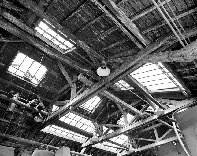 Charpente de l'atelier de matriçage des métaux non ferreux (désaffecté). © Yves Sancey / Région Bourgogne-Franche-Comté, Inventaire du patrimoine - 2001