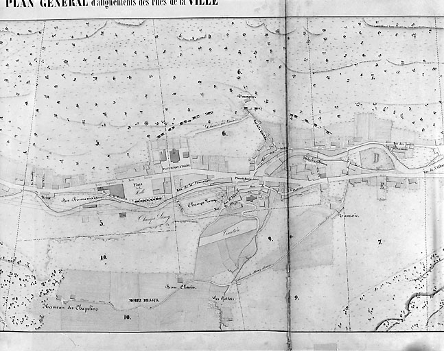 Morez. Plan d'alignements [plan dépliant : 4e partie, à droite], 1845-1859. © Yves Sancey / Région Bourgogne-Franche-Comté, Inventaire du patrimoine - 2002