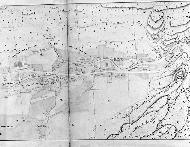 Morez. Plan d'alignements [plan dépliant : 5e partie, à droite], 1845-1859. © Yves Sancey / Région Bourgogne-Franche-Comté, Inventaire du patrimoine - 2002