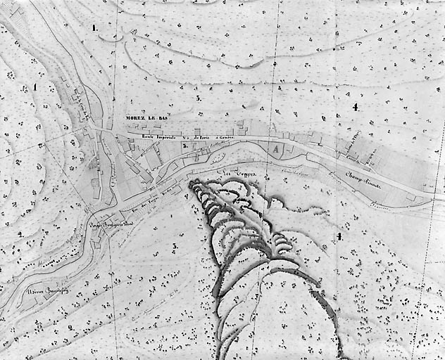Morez. Plan d'alignements [plan dépliant : 2e partie, à gauche], 1845-1859. © Yves Sancey / Région Bourgogne-Franche-Comté, Inventaire du patrimoine - 2002