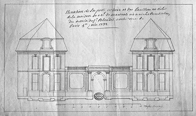 " Elévation de la porte cochère et des pavillons en aile de la maison de monsieur de Marivat... du dessin du Sr Blondel architecte à Paris ". © Yves Sancey / Région Bourgogne-Franche-Comté, Inventaire du patrimoine - 2003