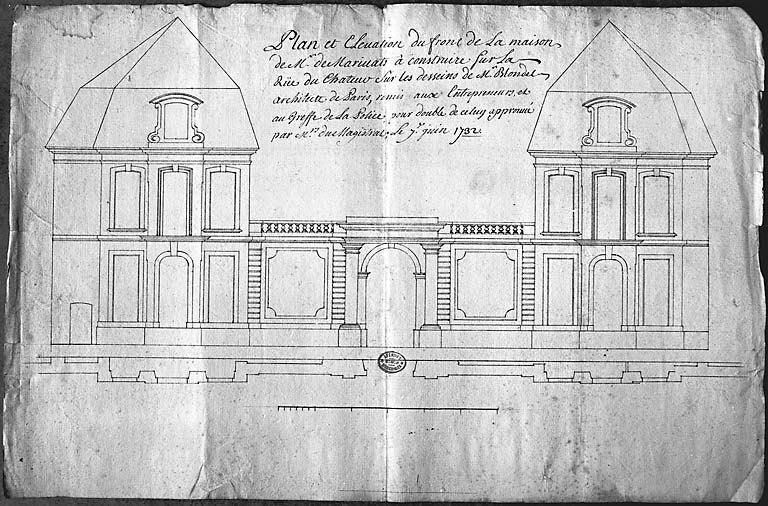 " Plan et élévation du front de la maison de monsieur de Marivat... sur les desseins de Mr Blondel architecte à Paris... ". © Yves Sancey / Région Bourgogne-Franche-Comté, Inventaire du patrimoine - 2003