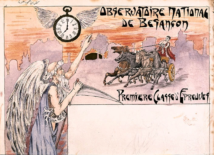 Le temps arrête le soleil à l'heure de se coucher (profil de l'observatoire) [projet de décor pour un bulletin de marche, 1ère classe d'épreuves : détail de la partie supérieure], limite 19e siècle 20e siècle. © Jérôme Mongreville / Région Bourgogne-Franche-Comté, Inventaire du patrimoine - 2003