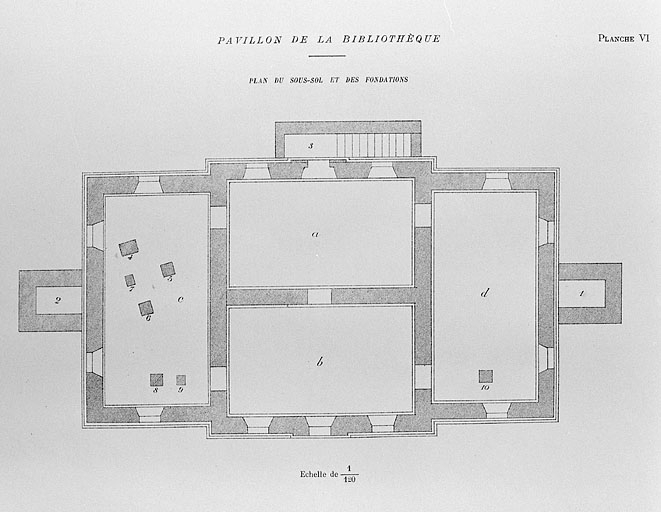 Pavillon de la bibliothèque. Plan du sous-sol et des fondations, 1892. © Jérôme Mongreville / Région Bourgogne-Franche-Comté, Inventaire du patrimoine - 2003 Pavillon de la bibliothèque. Plan du sous-sol et des fondations, 1892. © Jérôme Mongreville / Région Bourgogne-Franche-Comté, Inventaire du patrimoine - 2003