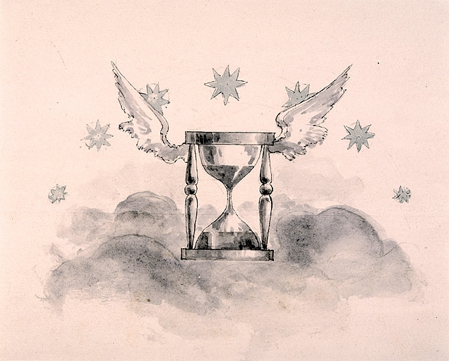 L'heure va passer, elle passe, elle est passée [projet de décor pour un bulletin de marche, 1ère classe d'épreuves : détail du cul de lampe], limite 19e siècle 20e siècle. © Jérôme Mongreville / Région Bourgogne-Franche-Comté, Inventaire du patrimoine - 2003