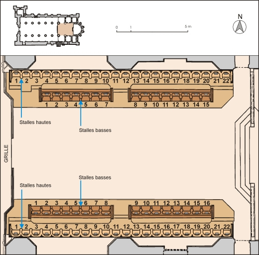Plan de situation et plan général des stalles. © André Céréza / Région Bourgogne-Franche-Comté, Inventaire du patrimoine - 2003