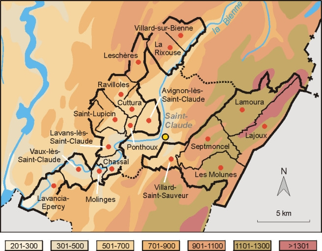 Carte topographique de l'aire d'étude. © André Céréza / Région Bourgogne-Franche-Comté, Inventaire du patrimoine - 2003