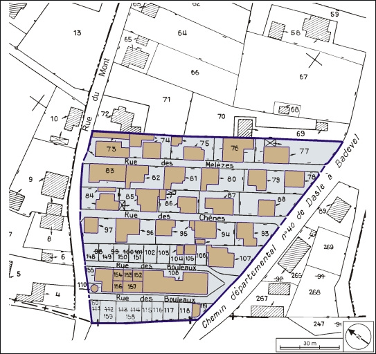 Plan-masse et de situation. Extrait du plan cadastral, 1979, section AM, 1:1000. © André Céréza / Région Bourgogne-Franche-Comté, Inventaire du patrimoine - 2003