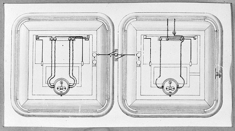 [Dessin de la partie supérieure de deux armoires à température contrôlée, montrant les relais et leur câblage], avant 1909. © Yves Sancey / Région Bourgogne-Franche-Comté, Inventaire du patrimoine - 2004