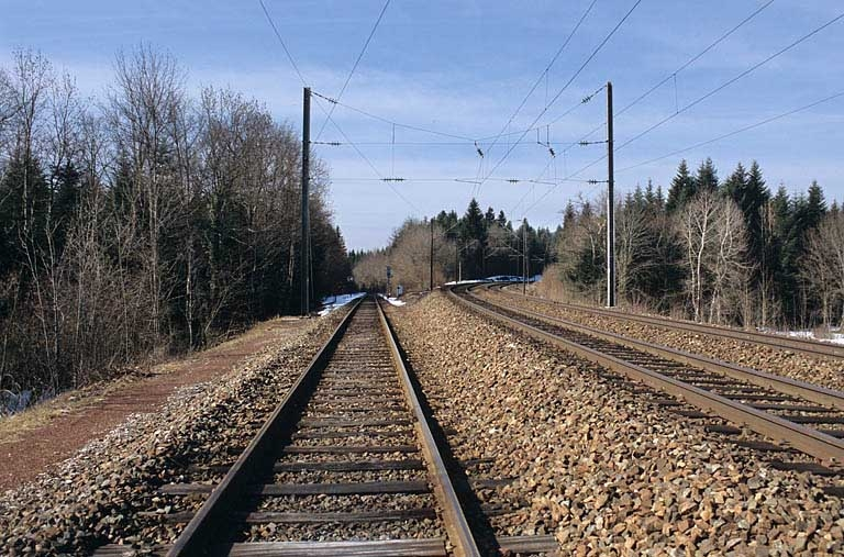 Séparation des lignes Andelot-en-Montagne - La Cluse (à gauche) et Dijon - Vallorbe. © Yves Sancey / Région Bourgogne-Franche-Comté, Inventaire du patrimoine - 2005 Séparation des lignes Andelot-en-Montagne - La Cluse (à gauche) et Dijon - Vallorbe. © Yves Sancey / Région Bourgogne-Franche-Comté, Inventaire du patrimoine - 2005