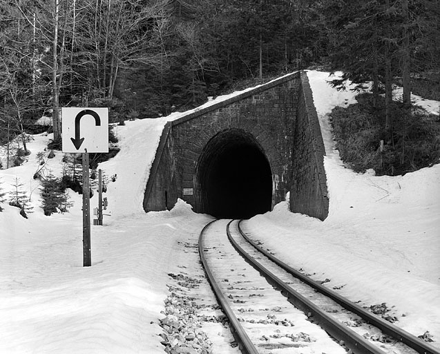 Tête côté La Cluse. Signalant un tunnel à mauvaise ventilation, le panneau autorise le train à " refouler " (faire marche arrière) en cas d'impossibilité de poursuivre en marche avant. © Yves Sancey / Région Bourgogne-Franche-Comté, Inventaire du patrimoine - 2005