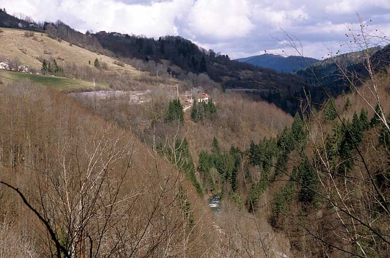 Voie ferrée dans la zone Tancua - Lézat : implantation dans la vallée de la Bienne (PK 052.000-058.000). © Yves Sancey / Région Bourgogne-Franche-Comté, Inventaire du patrimoine - 2005 Voie ferrée dans la zone Tancua - Lézat : implantation dans la vallée de la Bienne (PK 052.000-058.000). © Yves Sancey / Région Bourgogne-Franche-Comté, Inventaire du patrimoine - 2005