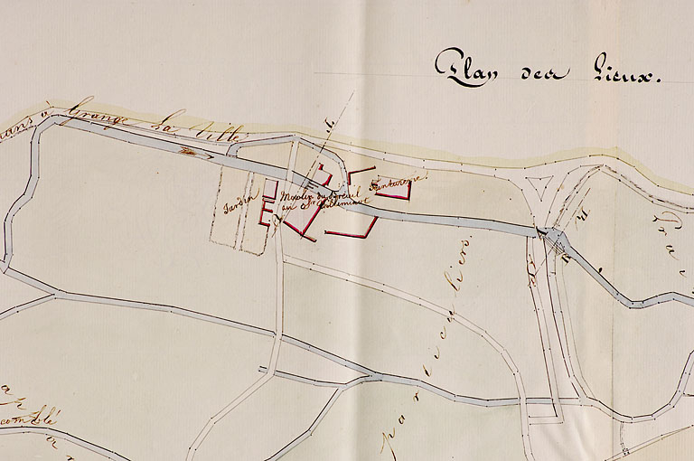 Plainte du sieur Vuilleminot, maire et meunier à Granges le Ville, contre le moulin de Veuve Viron [plan de situation]. © Jérôme Mongreville / Région Bourgogne-Franche-Comté, Inventaire du patrimoine - 2005