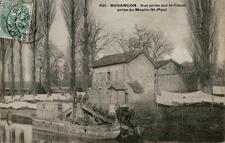 Besançon - Vue prise sur le Canal, prise du Moulin St-Paul [et montrant la maison d'éclusier], avant le 2 juin 1906. © Yves  Sancey (reproduction) / Région Bourgogne-Franche-Comté, Inventaire du patrimoine - 2006