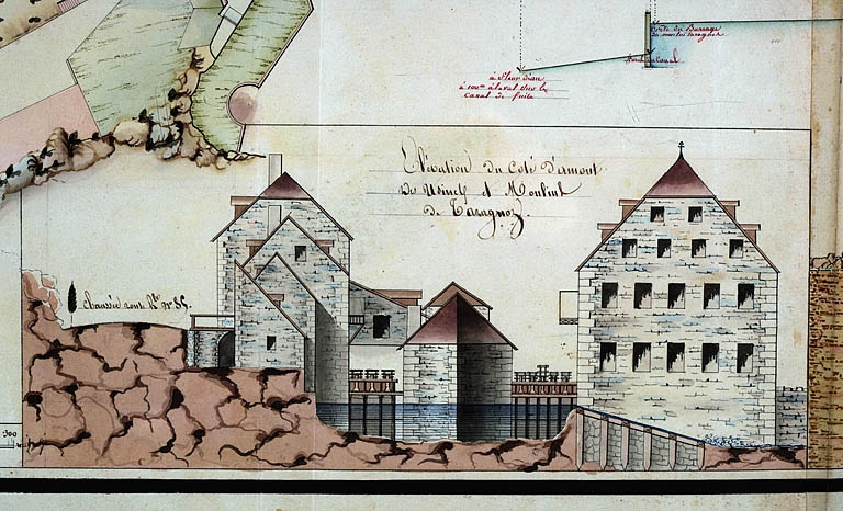 Plan de l'usine de Taragnoz faubourg de Besançon appartenant à Mr Rebattu de Dijon, levé en octobre 1820 [détail du plan définitif : élévations], 1821. © Yves Sancey / Région Bourgogne-Franche-Comté, Inventaire du patrimoine - 2006