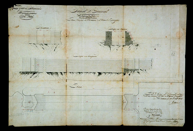 Plan, coupes et élévation de l'écluse de Taragnoz, 1826. © Yves Sancey, Rance / Région Bourgogne-Franche-Comté, Inventaire du patrimoine - 2006 Plan, coupes et élévation de l'écluse de Taragnoz, 1826. © Yves Sancey, Rance / Région Bourgogne-Franche-Comté, Inventaire du patrimoine - 2006
