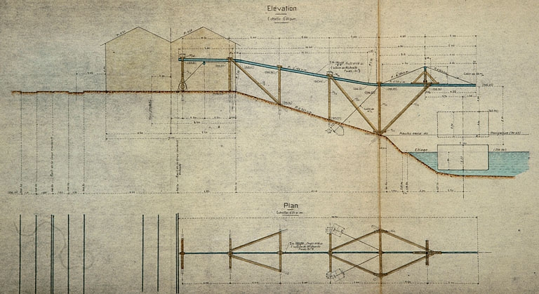 Exploitation militaire du Canal du Rhône au Rhin. Installation de transbordement au port des Près-de-Vaux, à Besançon. Projet définitif. Dessins du transbordeur [détail : plan et élévation], 1918. © Yves Sancey / Région Bourgogne-Franche-Comté, Inventaire du patrimoine - 2006