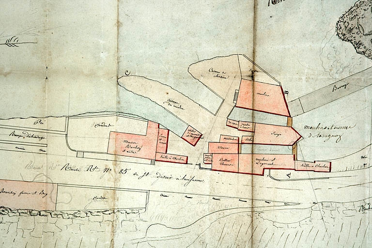 Plan de l'usine de Taragnoz faubourg de Besançon appartenant à Mr Rebattu de Dijon, levé en octobre 1820 [détail de la minute : plan], 1821. © Yves Sancey / Région Bourgogne-Franche-Comté, Inventaire du patrimoine - 2006