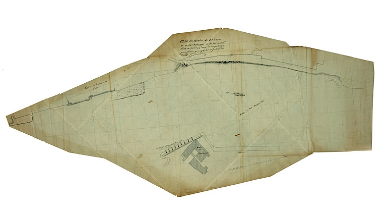Plan du moulin de Besançon dit de Larchevêque et de ses dépen[dan]ces levé en fructidor 3e année de la République pour servir au projet de navigation du Doubs, 1795. © Yves Sancey / Région Bourgogne-Franche-Comté, Inventaire du patrimoine - 2006