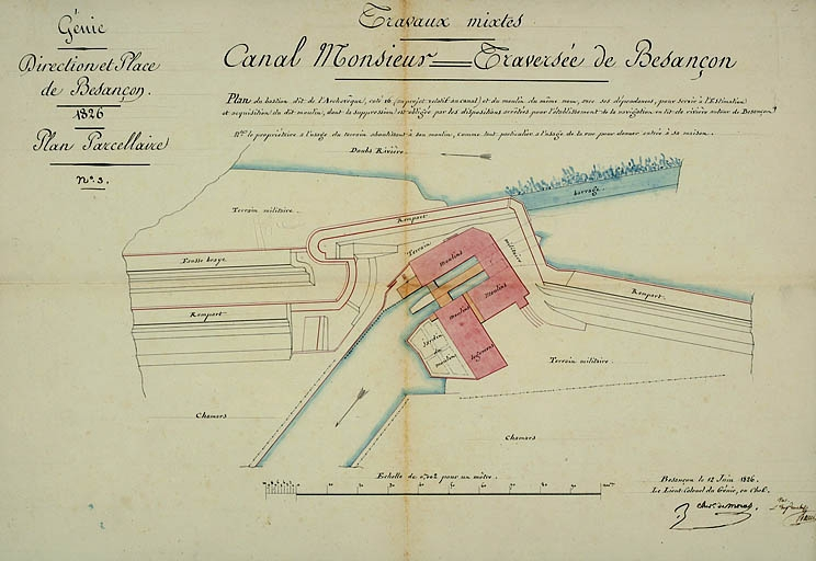 Plan du bastion dit de l'Archevêque, coté 16 (au projet relatif au canal) et du moulin du même nom [...], 1826. © Yves Sancey, Picot de Moras / Région Bourgogne-Franche-Comté, Inventaire du patrimoine - 2006
