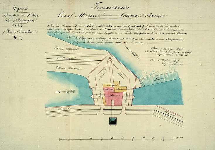 Plan du bastion de St Paul, cotté 38 (au projet relatif au canal), et du moulin du même nom, avec ses dépendances [...], 1826. © Yves Sancey, Picot de Moras / Région Bourgogne-Franche-Comté, Inventaire du patrimoine - 2006