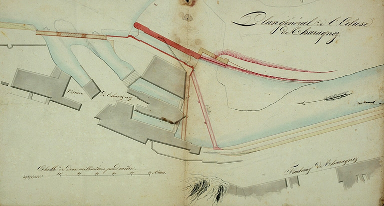 Plan général de l'écluse de Tharagnoz, 1826. © Yves Sancey / Région Bourgogne-Franche-Comté, Inventaire du patrimoine - 2006 Plan général de l'écluse de Tharagnoz, 1826. © Yves Sancey / Région Bourgogne-Franche-Comté, Inventaire du patrimoine - 2006