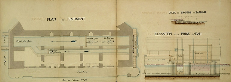 Règlement d'eau du moulin St Paul appartenant à l'administration de la Guerre. Dessin de détails [plan du bâtiment, coupe du barrage et élévation de la prise d'eau], 1874. © Yves Sancey, Rascol / Région Bourgogne-Franche-Comté, Inventaire du patrimoine - 2006