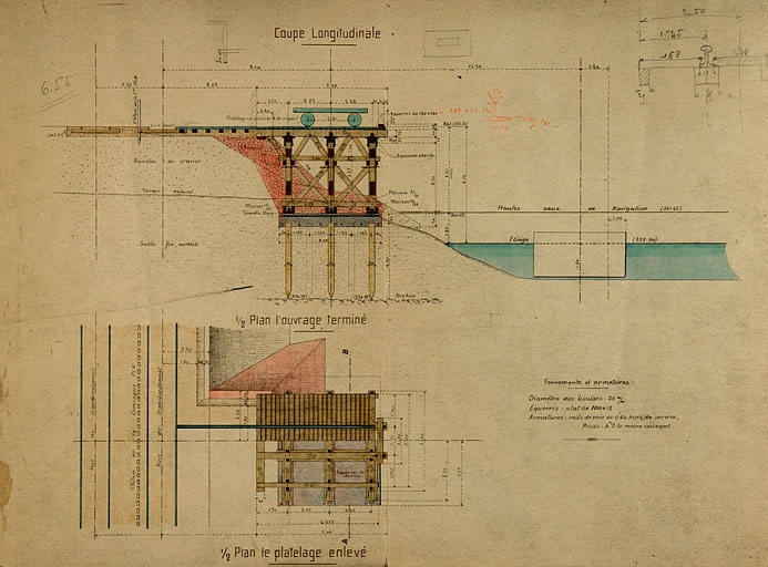 Exploitation militaire du Canal du Rhône au Rhin. Installation de transbordement au port des Près-de-Vaux, à Besançon. Projet définitif. Dessins de l'appontement [détail : plans et coupe longitudinale], 1918. © Yves Sancey / Région Bourgogne-Franche-Comté, Inventaire du patrimoine - 2006