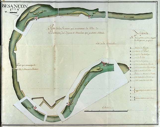 Besançon 1779. Plan de la rivière qui environne la ville de Besançon, des digues et moulins qui y sont situés. © Yves Sancey, Aumale, duc d' / Région Bourgogne-Franche-Comté, Inventaire du patrimoine - 2006 Besançon 1779. Plan de la rivière qui environne la ville de Besançon, des digues et moulins qui y sont situés. © Yves Sancey, Aumale, duc d' / Région Bourgogne-Franche-Comté, Inventaire du patrimoine - 2006
